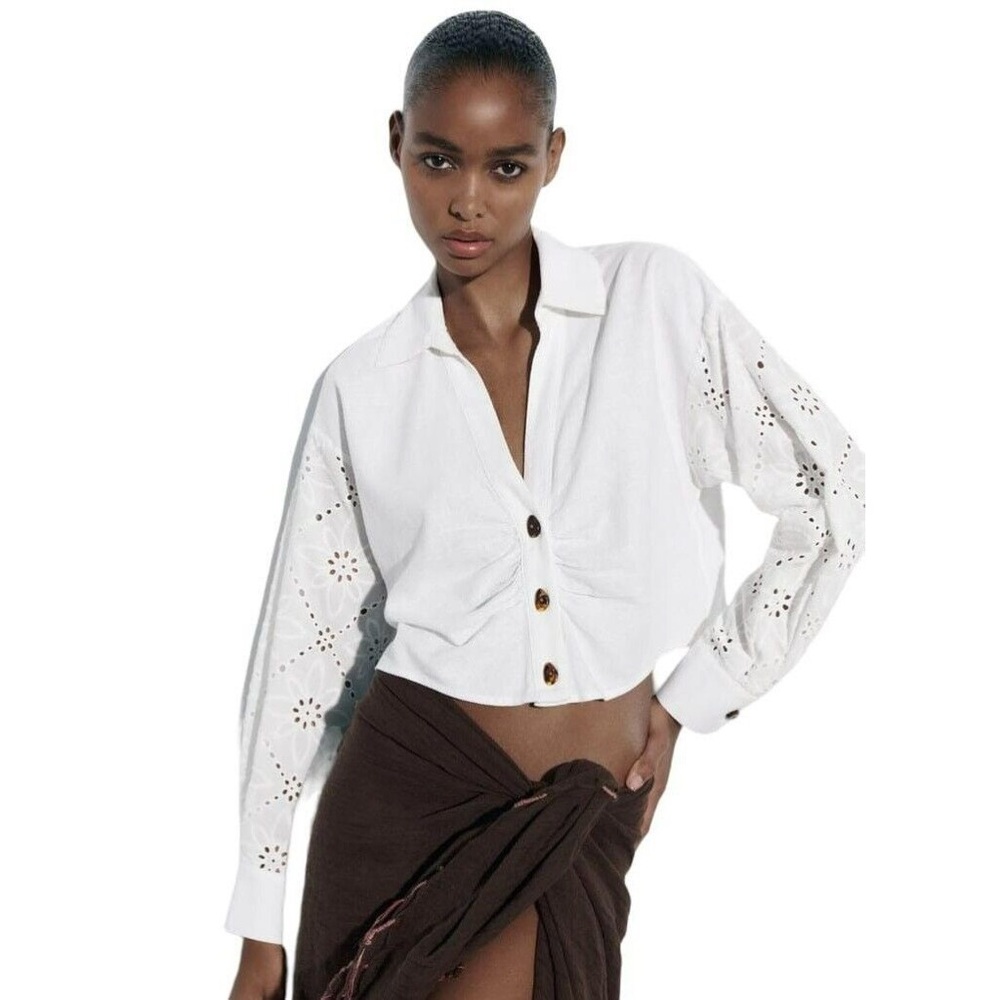 ZARA LINEN BLEND SHIRT WITH LACE EMBROIDERY WHITE